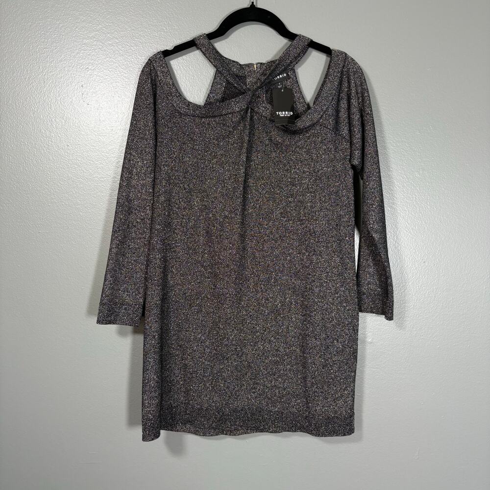 Torrid NWT Black Metallic Cross Neck Cold Shoulder Top - 1 (1X) - Women's Plus